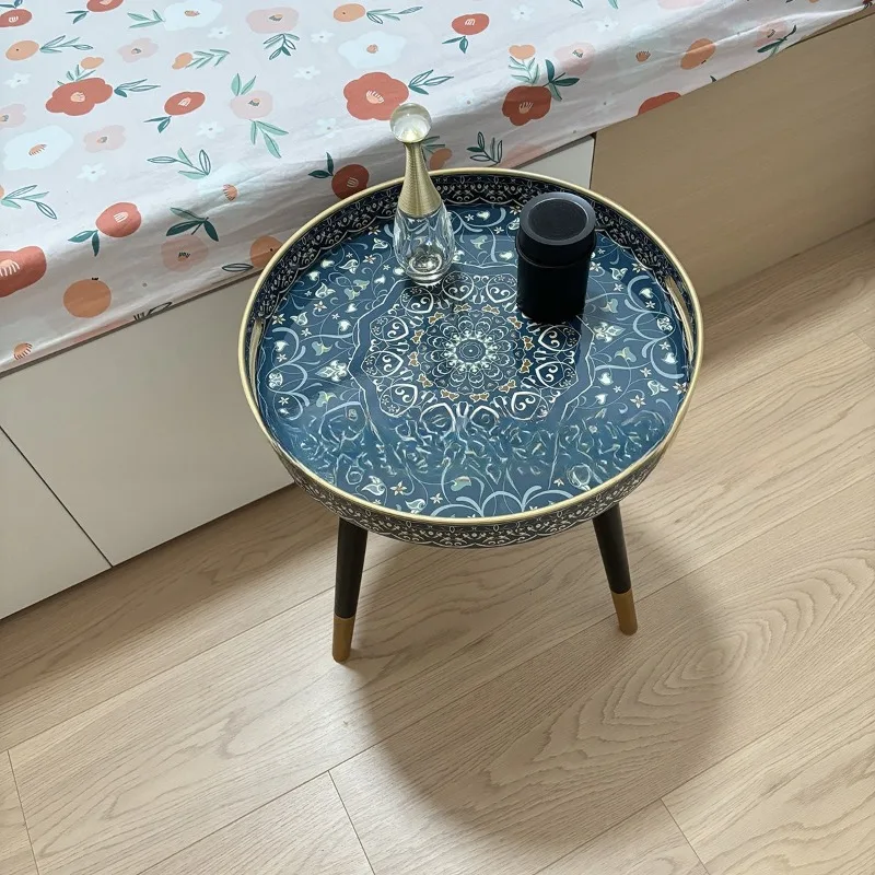 Living Room Side Few Round Small Tea Table Decal Paper Decorative Tray with Handle Removable