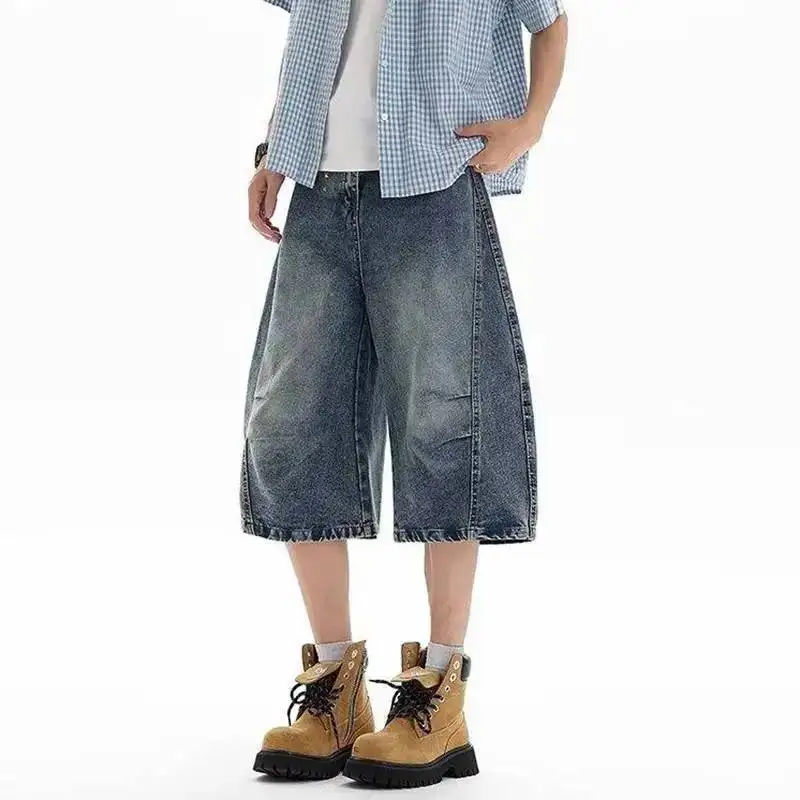 LUZHEN Denim 2026 Shorts Summer Sequin Straight Rivet Metal Decorate Men's Trendy Baggy Pleat Design Cropped Jeans New JY8031