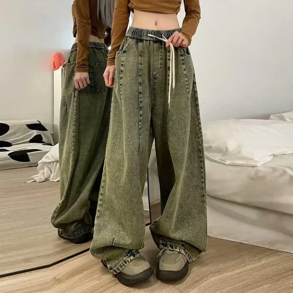 Unisex Denim Jeans Vintage Wide Leg Denim Jeans with Elastic Waist Deep Crotch Pockets Women's Streetwear for Hip for Casual