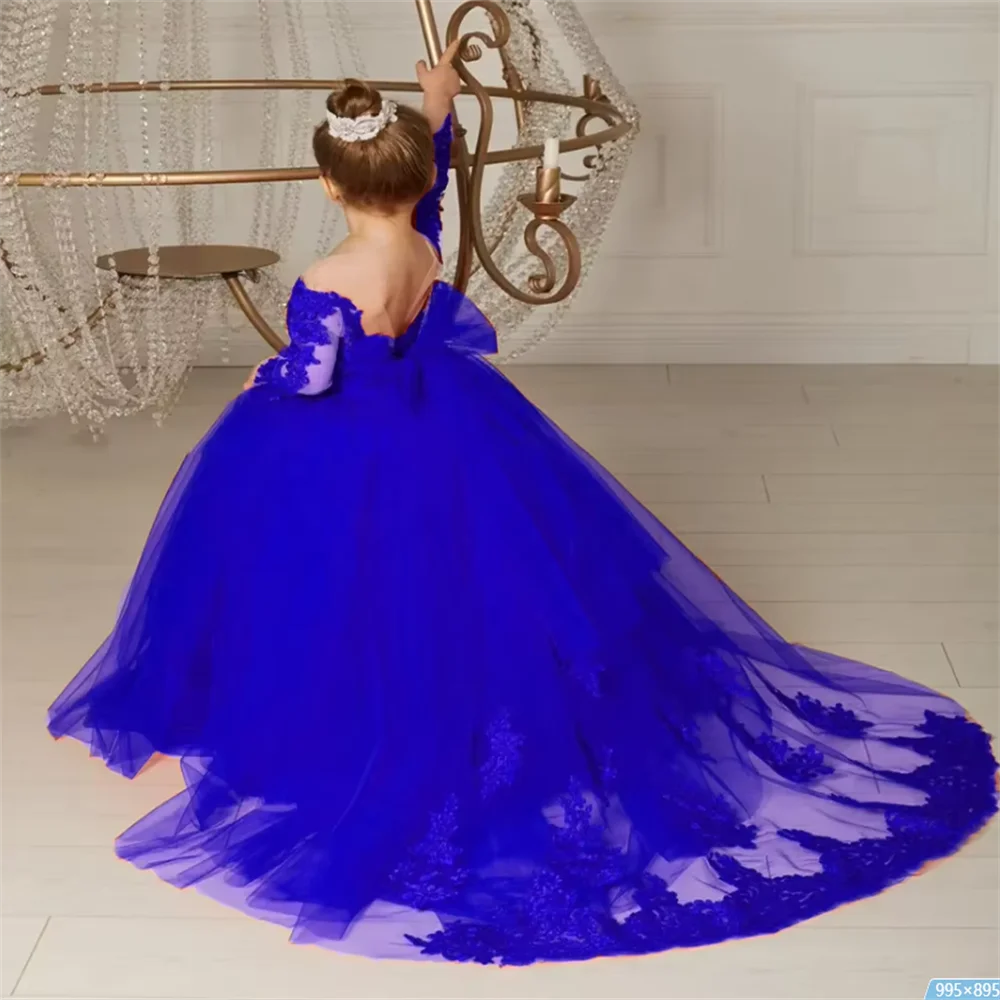 

New Royal Blue Backless Round Neck with Long Sleeves Flower Girls Dresses Appliques Lace Fluffy Event Gown