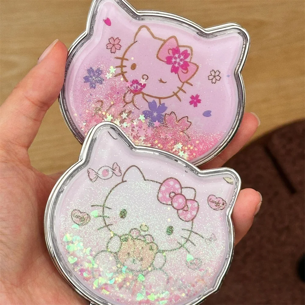 Kawaii الكرتون سانريو مرحبا كيتي مرآة الرمل المتدفقة لطيف المحمولة طوي على الوجهين فتاة يوميا يده مرآة لوضع مساحيق التجميل هدية