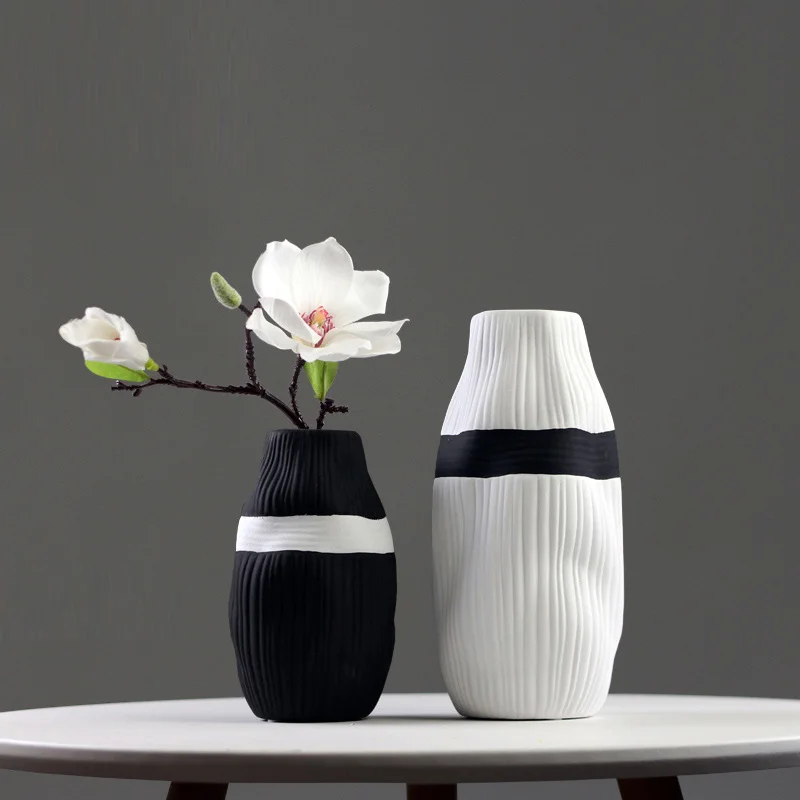 Black and White Striped Ceramic Vase Dried Flowers Living Room Decoration Classic Countertop Home Gift