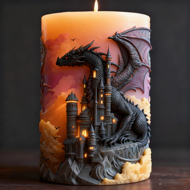 Fantasy Epic Dragon Perching on Castle Candle Mold Creative Candle DIY Mold Moonlight Cloud 3D Relief Design Mold
