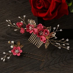 1Pc Flower Hair Pin Fashion Flower Leaves Hair Comb Romantic Alloy Bridal Tiara Wedding Hair Jewelry Blue Pink Rose Red Purple