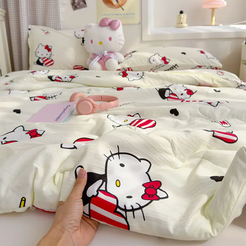 Anime hello kitty verão fresco colcha ar condicionado bonito casa lavada colcha de algodão estudante colcha fina núcleo máquina lavável