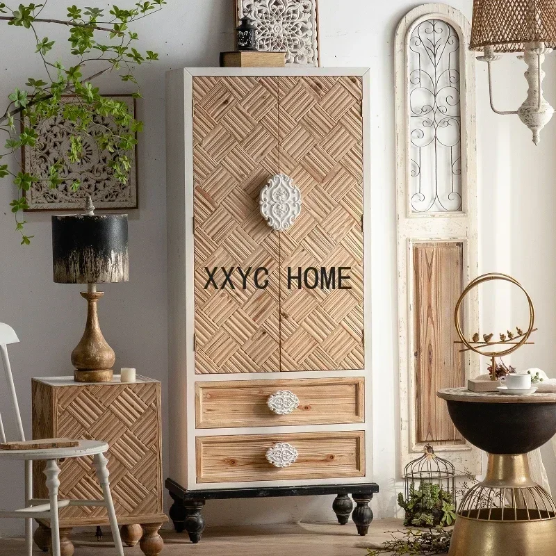 TAO Living Room Curio Cabinet Retro Clothes Closet Storage High Cabinet Bedroom Storage Cabinet Solid Wood