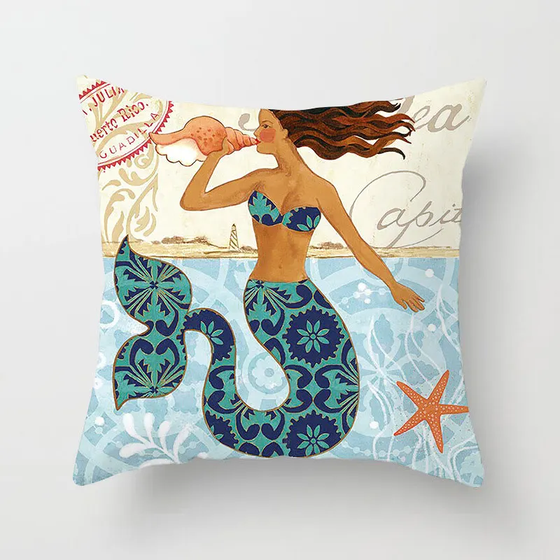 Mermaid Sea Turtle Printing Throw Pillow Case Cover Sea Horse Mermaid Decorative Pillowcases Octopus Pillow Case Cover