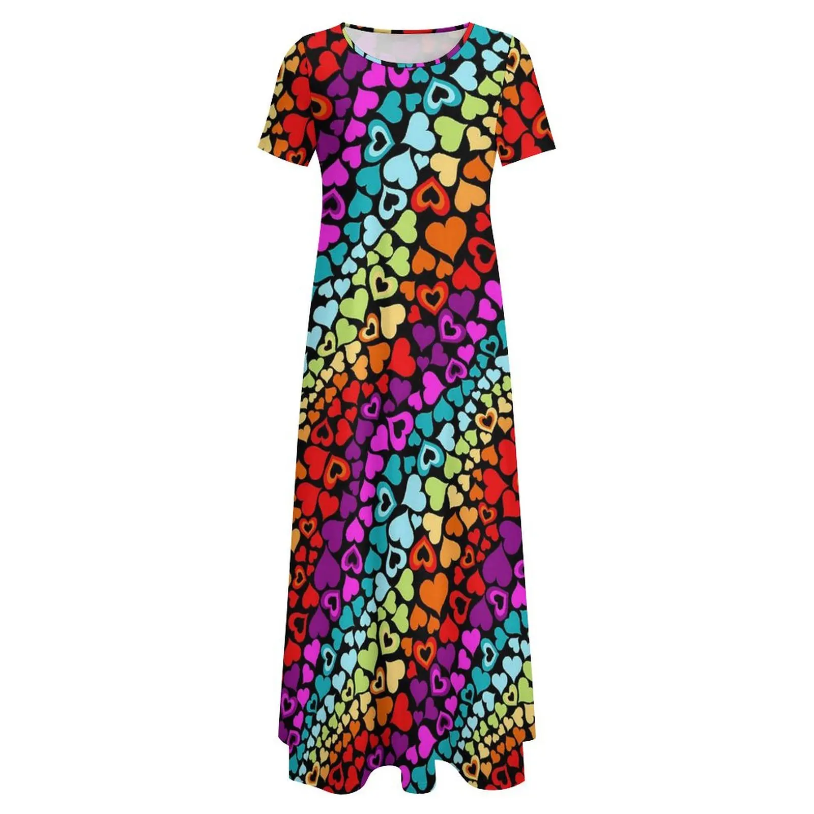 Tęczowa sukienka z sercami miłosnymi Walentynki Vintage Maxi Sukienka z krótkim rękawem Śmieszne długie sukienki plażowe Boho Kobieta Wzór Oversize Vestido
