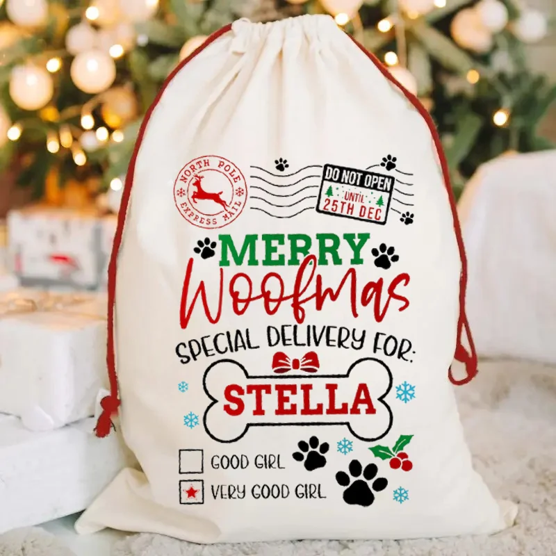 Personalisierter „Merry Woofmas“-Hund, Weihnachtssack mit individuellem Namen, Weihnachtsgeschenktüte für Haustiere, Jungen und Mädchen, Weihnachtsgeschenke, Weihnachtsdekoration