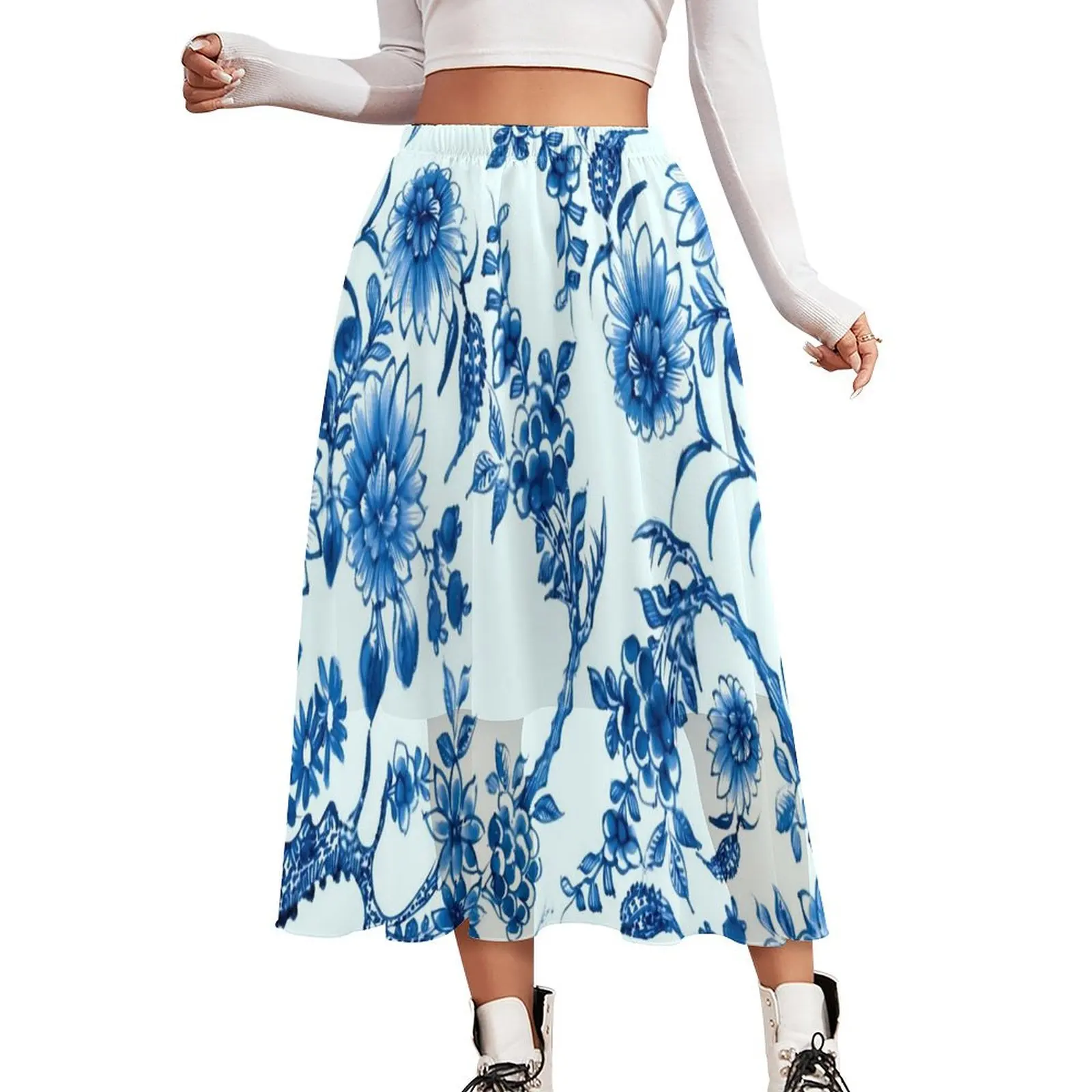 

Retro Blue Flower Skirt Willow Floral Print Vintage Boho Skirts High Waist Printed Aesthetic A-line Skirt Large Size