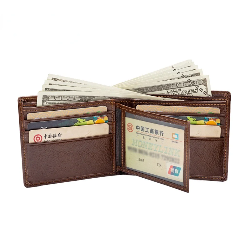 Cartera de cuero genuino para hombre, billetera pequeña de tres pliegues, Tarjetero con costuras, monedero masculino, Portomonee carterie
