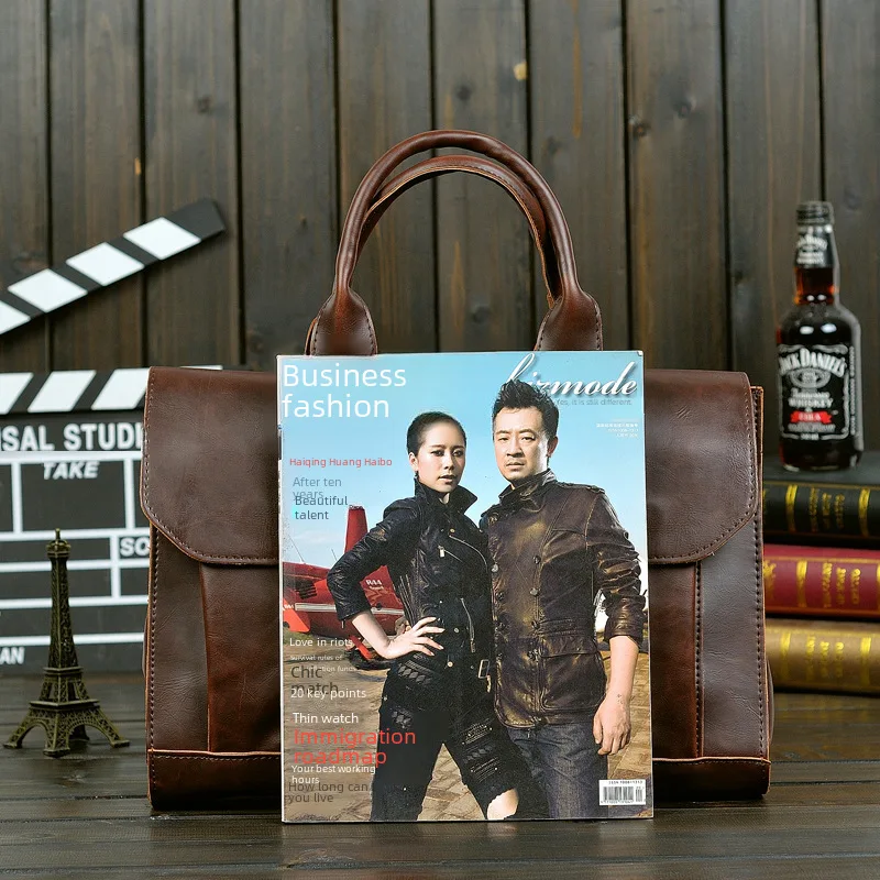 2024New Korean Style Men's Bag Crazy Horse Leather Bag Shoulder Crossbody Business Computer Men's Briefcase