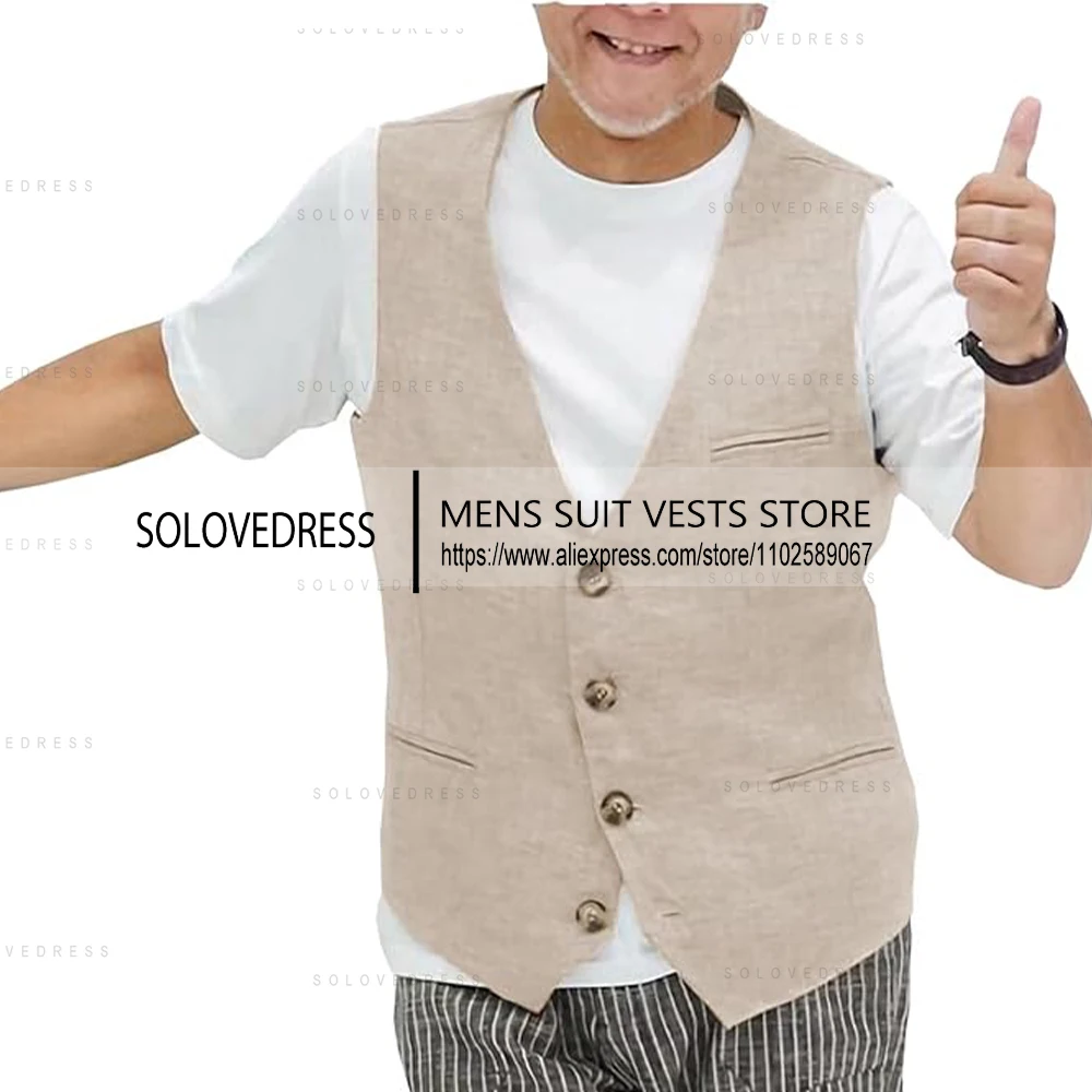 V Neck Men's Casual Linen Vest Business Lightweight Waistcoat Slim Fit  Suit Vest For Summer Wedding