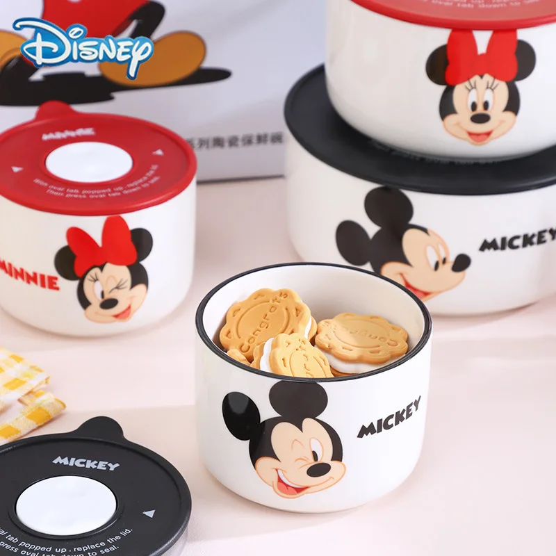 2024 New Disney Anime Mickey Mouse Minnie Mouse Cartoon Tableware Ceramic Bowl With Lid Microwave Oven Soup Bowl 3pcs Gift Box