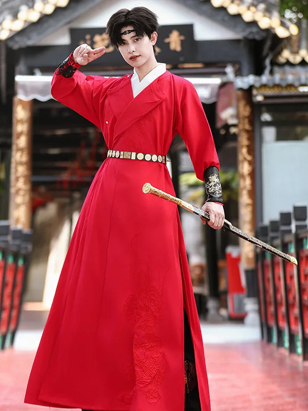 original-hanfu-men's-heavy-embroidery-flower-two-way-wear-martial-arts-style-flying-fish-suit-ming-dynasty-round-neck-robe-set
