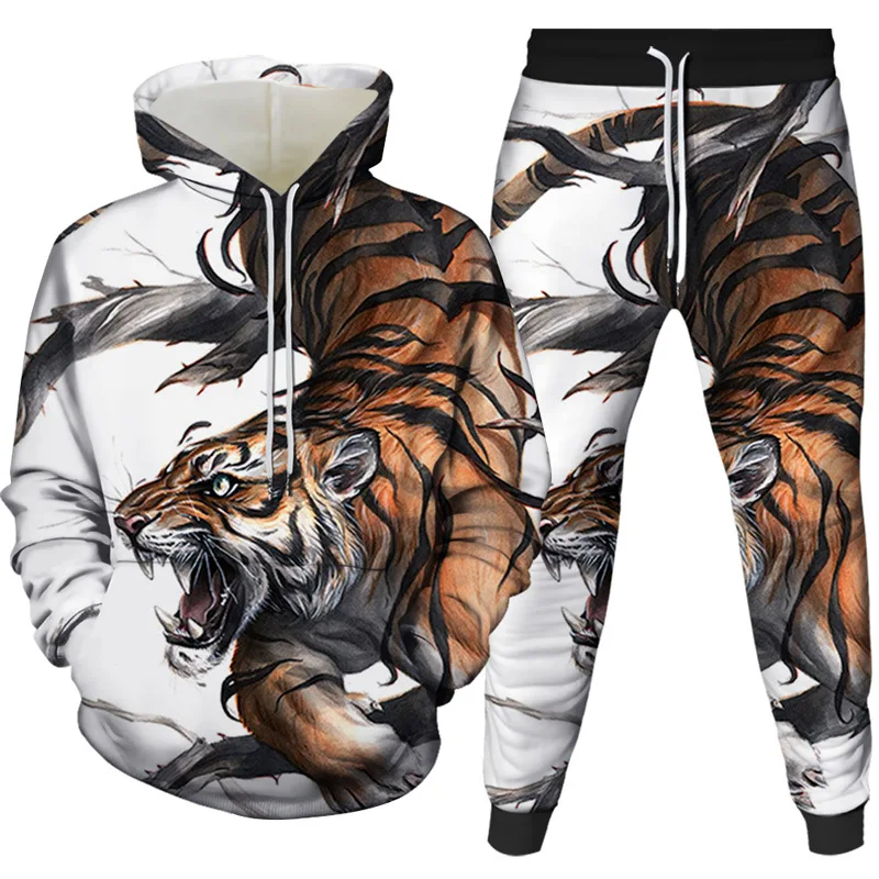 New Men\'s Sweater Sets Vintage Golf Hoodie Pants Men 3D Printed Tiger Animal Pattern Y2k Oversized Ventilate Fashion Tracksuit