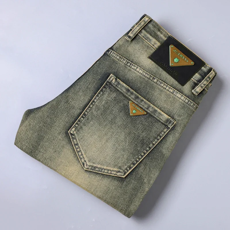 

European Trendy Brand Yellow Mud Jeans Men's Retro Old Slim Fit Fashion Long Pants Autumn and Winter Thick Pants