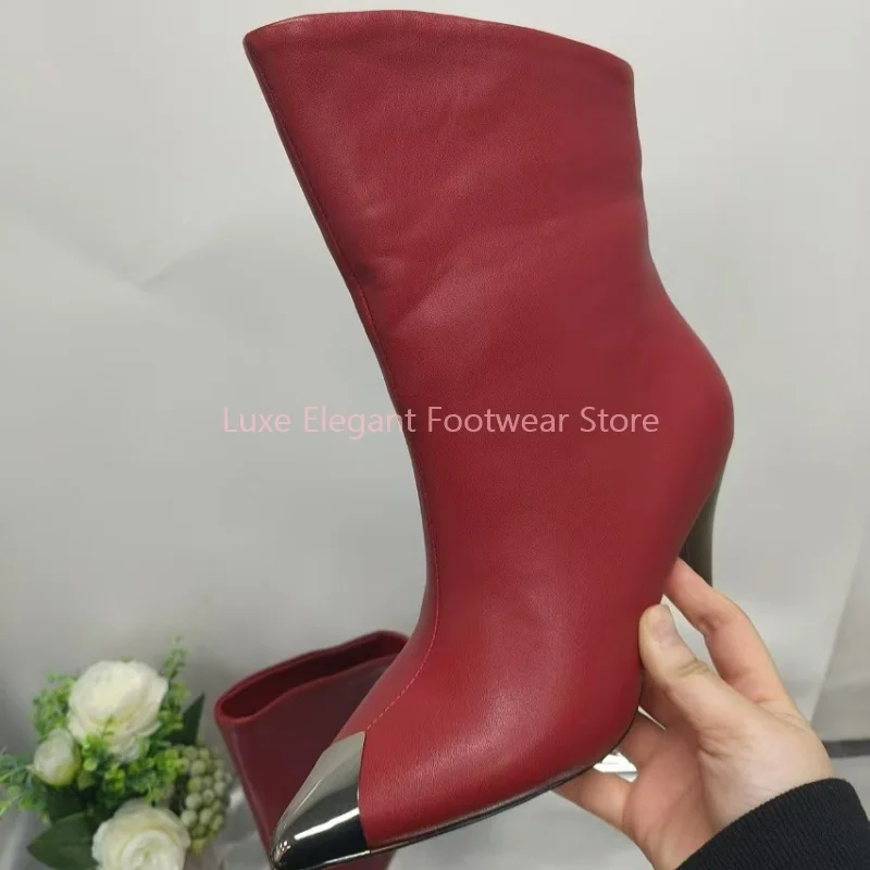 Red Silver Metal Toe Strange Style Short Boots Women Faux Leather Slip On Ankle Boots Fashion Trendy Party Lady Modern Shoes New