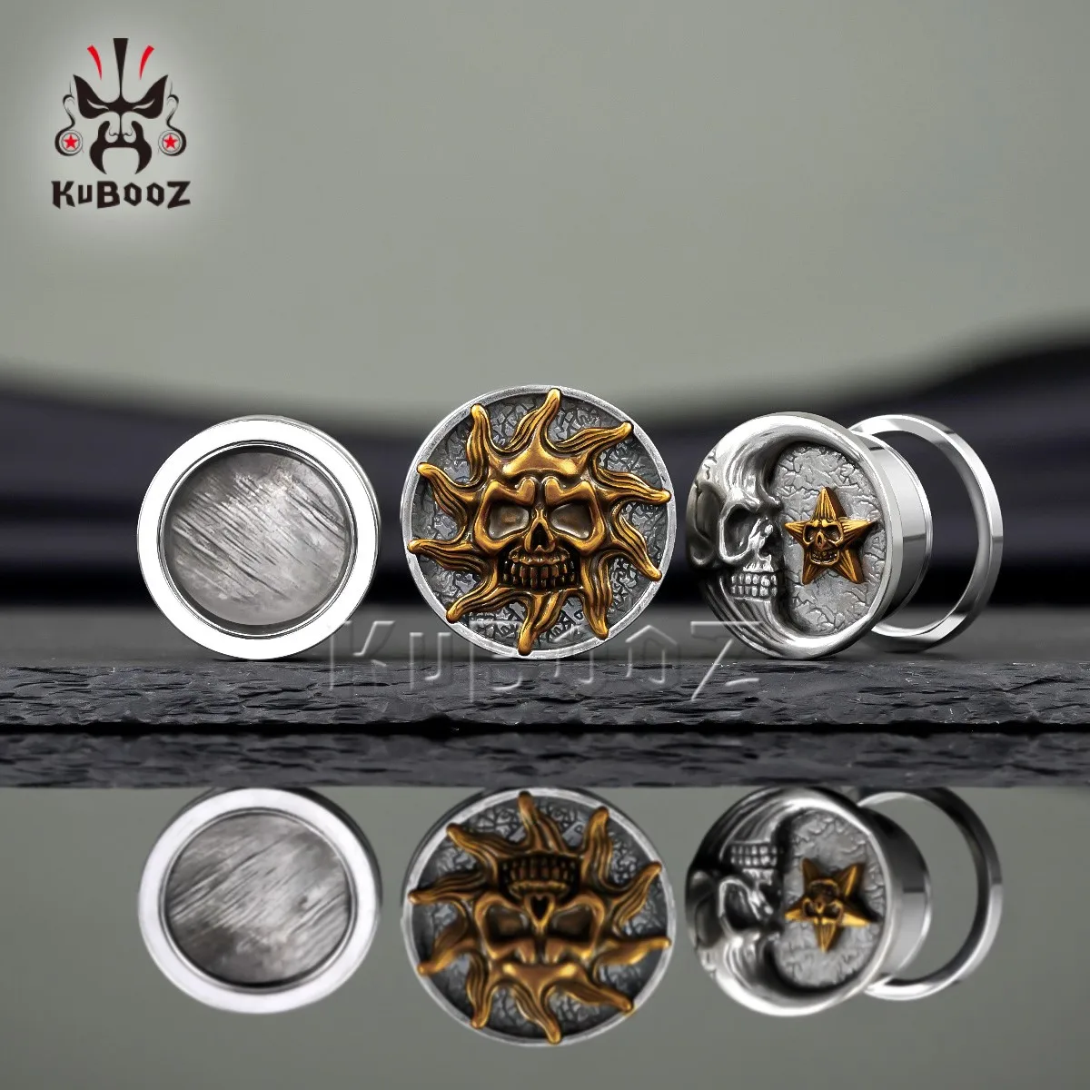 KUBOOZ Ear Expander Plugs Skull Sun Moon Gauges Tunnels Stretchers Piercing Body Jewelry Stainless Steel Earrings 1Pair