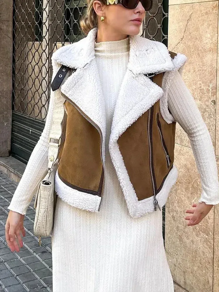 

HH 2024, женский жилет из искусственной кожи, модный жилет без рукавов с утолщенными лацканами из овечьей шерсти, лоскутный жилет, женская шикарная уличная верхняя одежда