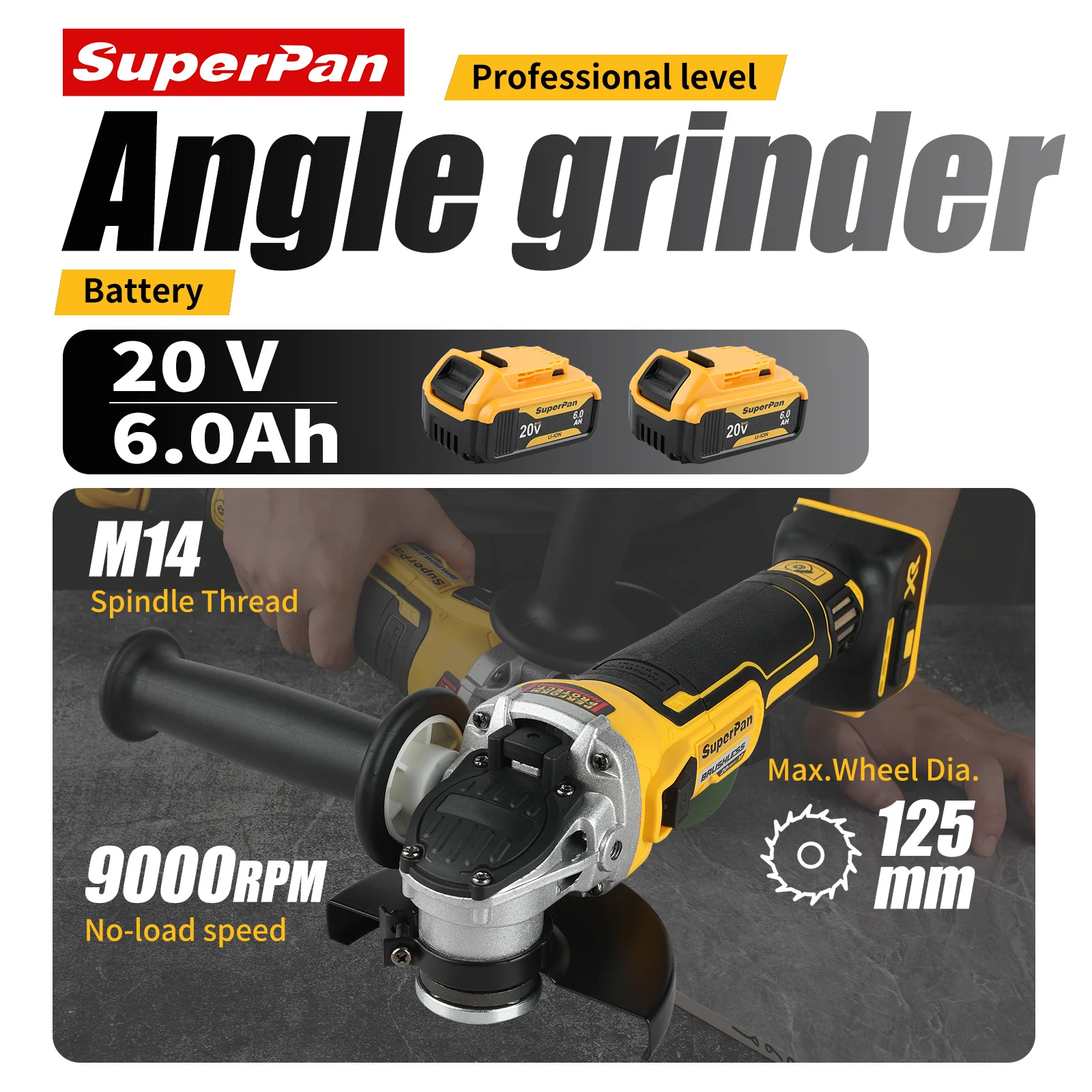 

SUPERPAN DCG405 Bare Angle Grinder – 18V Brushless 125mm Flat Head Cutting Machine