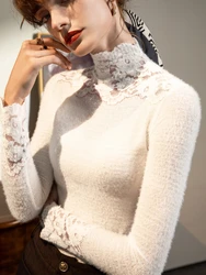 Lace Shirt Women's Autumn and Winter New Base Shirt with Hook Flower Hollow Splicing Retro Long Sleeved Slim Fit Top