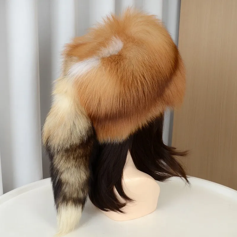 

Woolen hats real fur whole leather ear protecters large round for men and women thickened cold-proof headwear skiing