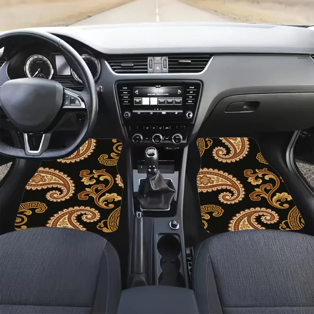 Golden Paisley Pattern Car Floor Mats, Crystal Velvet Material, 4pcs Car Floor Mats Including 1 Trunk Mat, Travel Additions, Fun