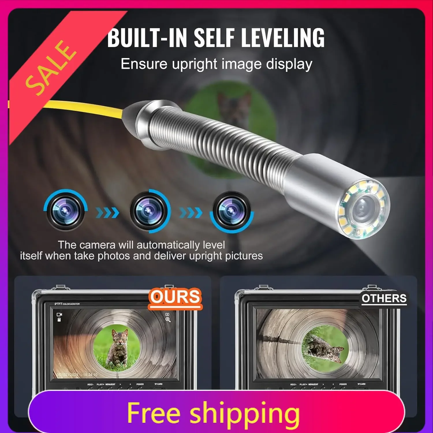 VEVOR Sewer Camera with 512Hz Locator, 98 ft/30 m, Self-Leveling Drain Inspection Camera with 9