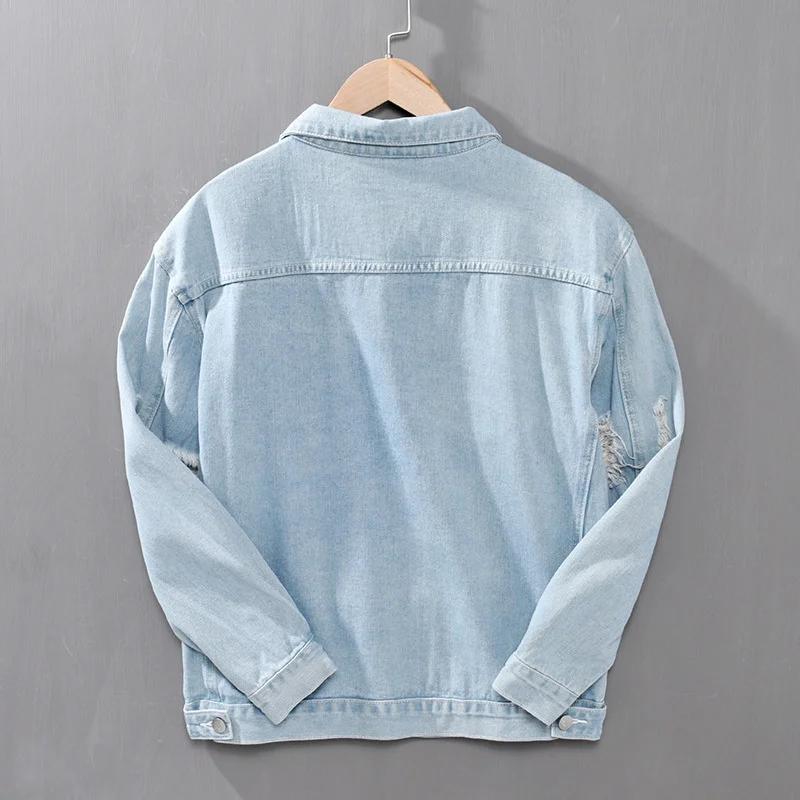 #7629 Spring Ripped Denim Shirt Light Blue Holes Outerwear Vintage Men Shirt Long Sleeve Loose Hip Hop Shirt Pockets Streetwear