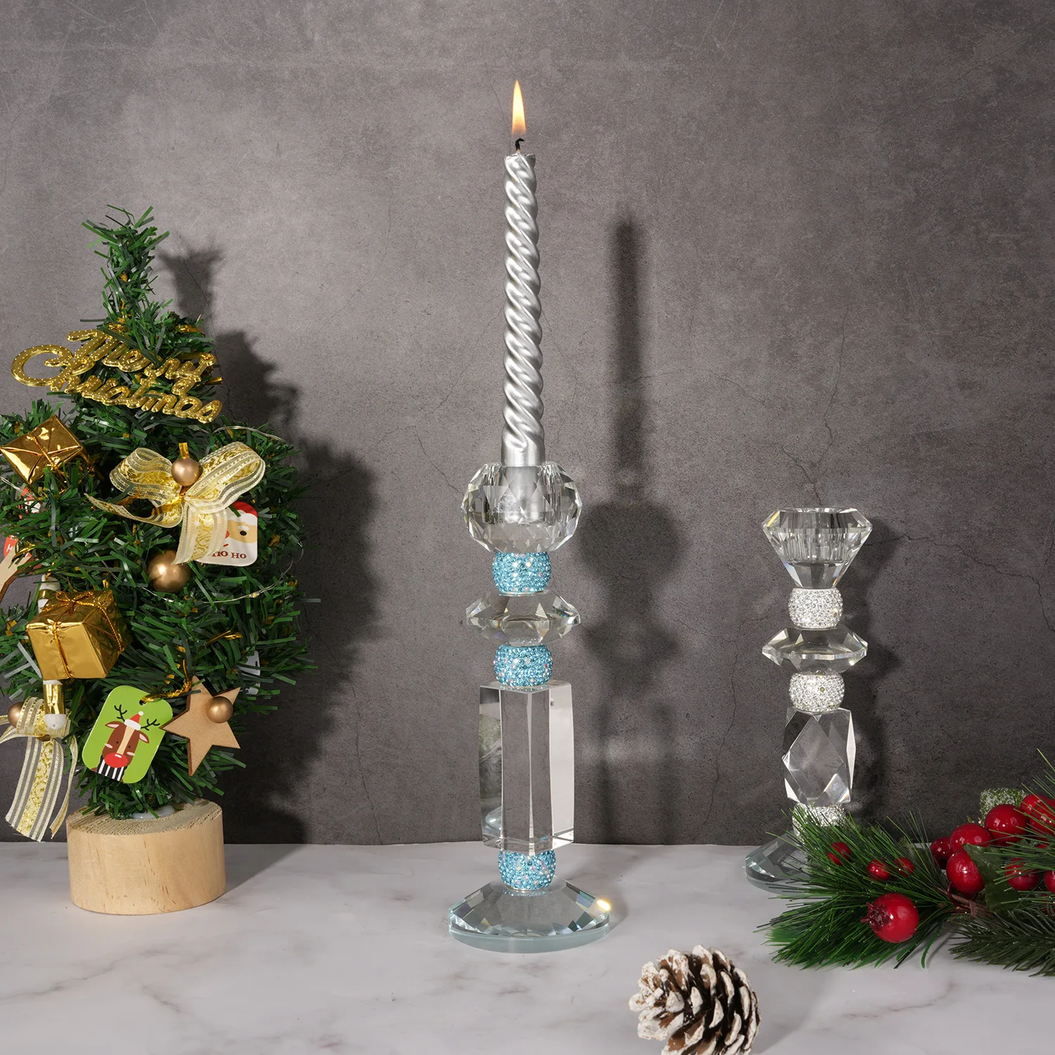 

Crystal Glass Candle Holder Blue Diamond Candelabrum Transparent Candlestick Wedding Home Decoration Accessories