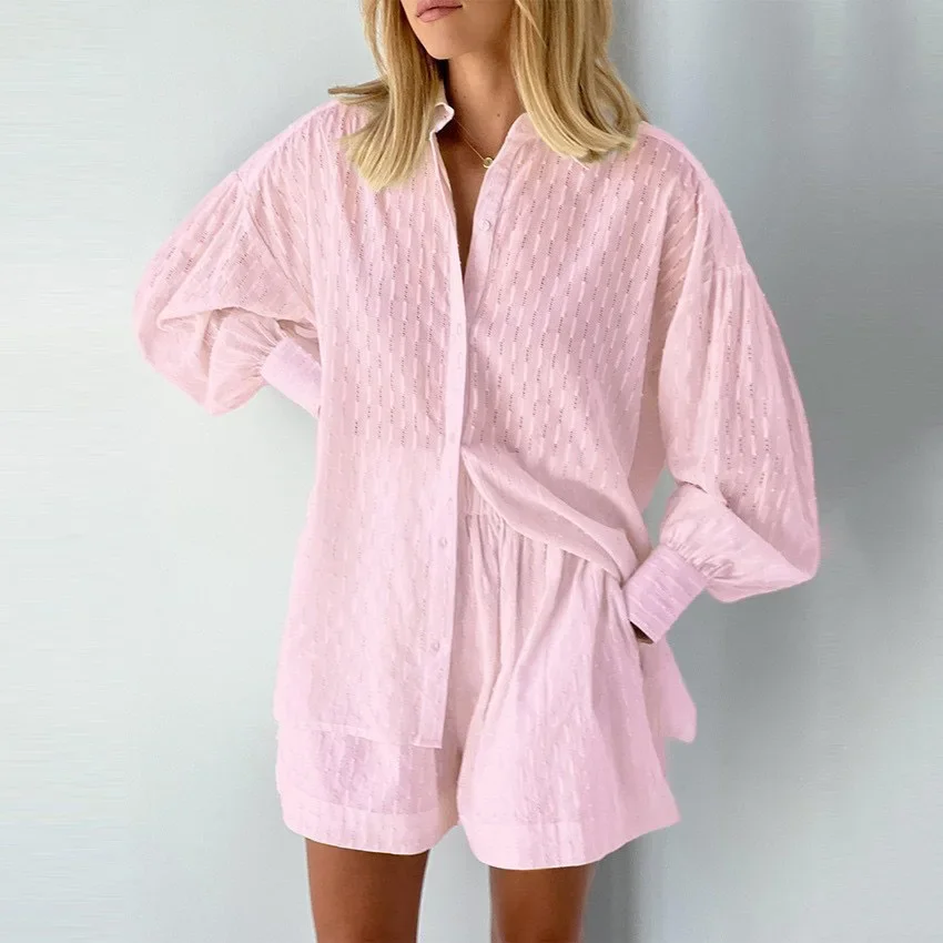 

Jacquard Bubble Long Sleeves Tops & Shorts Women Summer Shirts Casual 2pcs Clothes Set