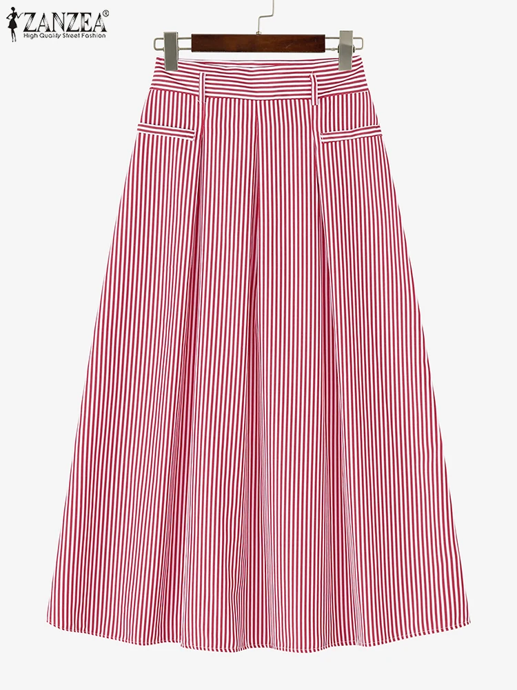 

2025 ZANZEA Office Striped Skirts Women High Waist Pleated Jupes Stylish A Line Work OL Midi Skirt Elegant Party Faldas Saia