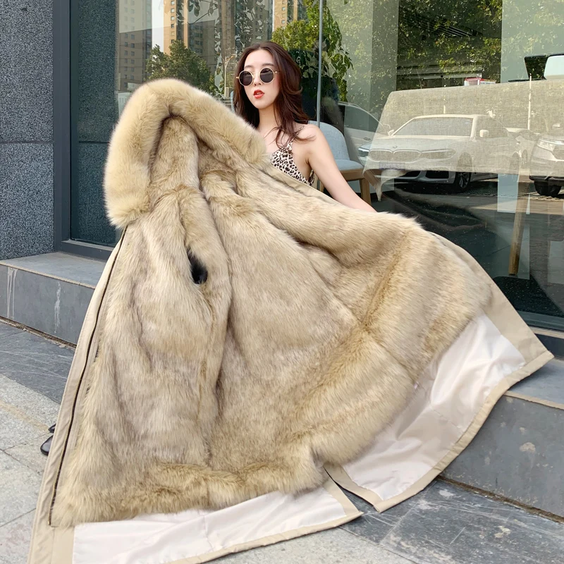 Female Long Winter Faux Fur Parkas Jacket Korean Fashion Liner Removable Padded Over Knee Woman Fur Coat Thick Warm Windbreaker