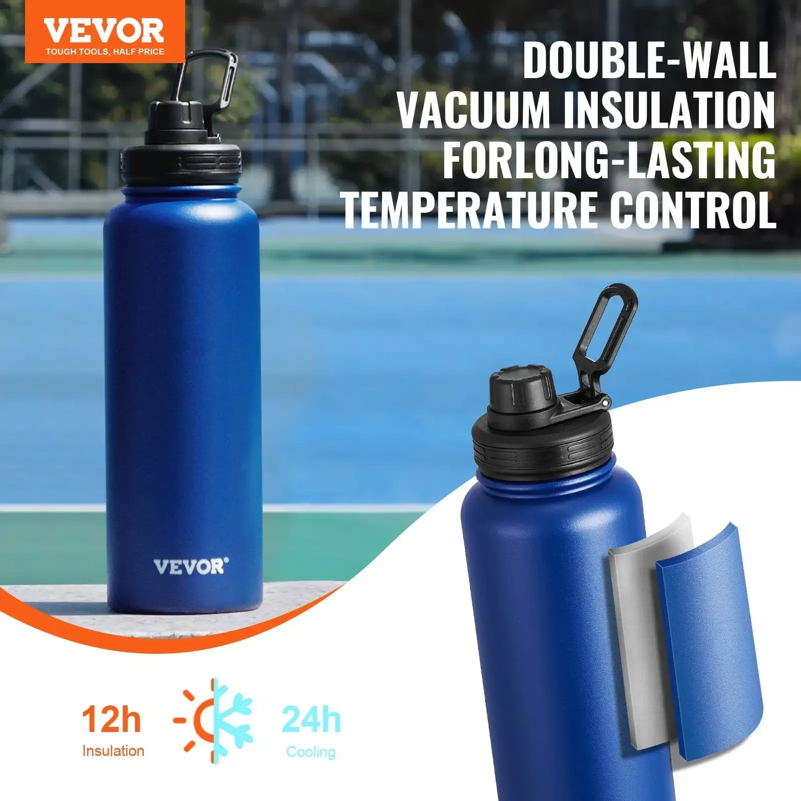 

40 oz Insulated Water Bottle Stainless Steel with Wide Mouth Lid Blue