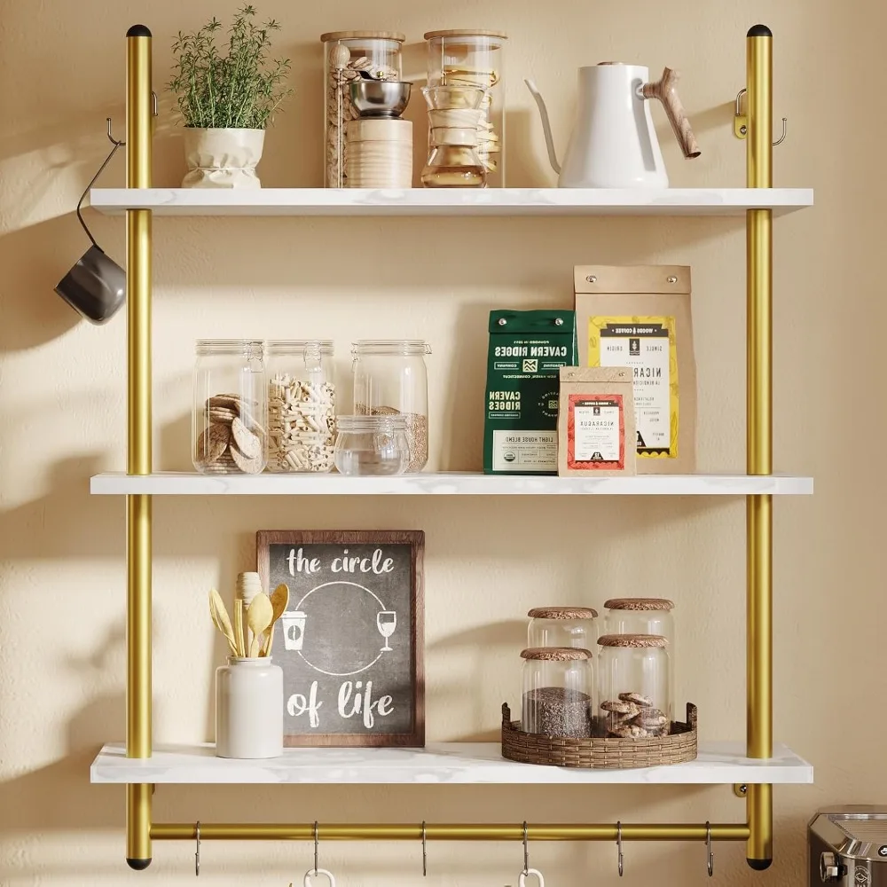 

Industrial Style 3-Tier Pipe Shelving with Wall-Mounted Coffee Bar and 8 Hanging Hooks