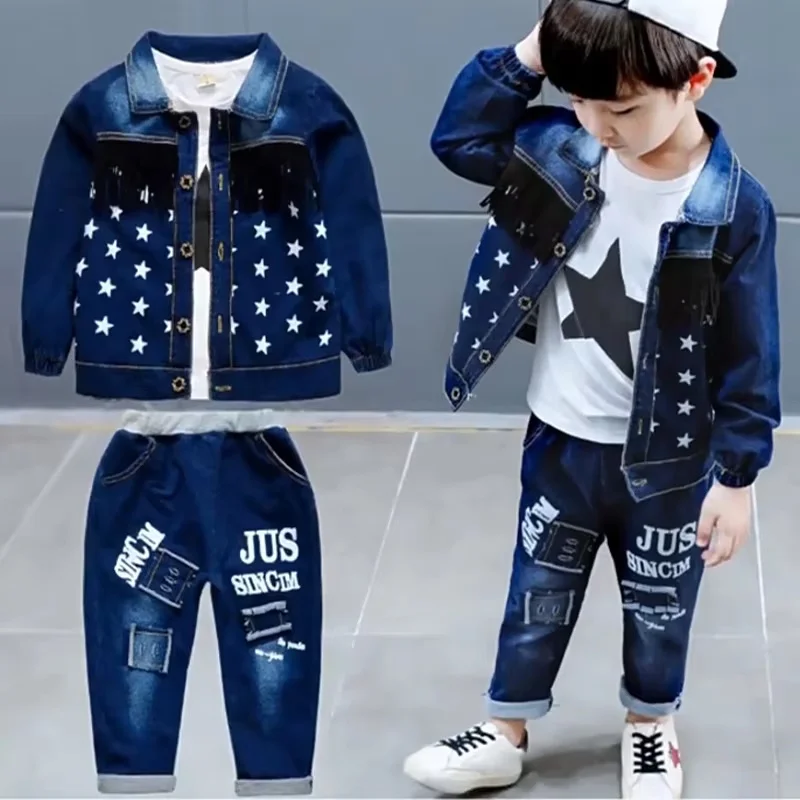 

Spring Fashion Boys Three Pieces Sets Baby Star Printes Denim Suit Casual Long Sleeve Tracksuit Korean Style Kids Trend Clothing