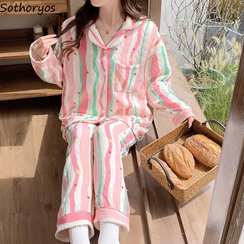 Rainbow Turn-down Collar Pajama Sets for Women Chic Aesthetic Trendy Autumn Winter Warm Design Slouchy Pyjamas Sweet Girls Cozy