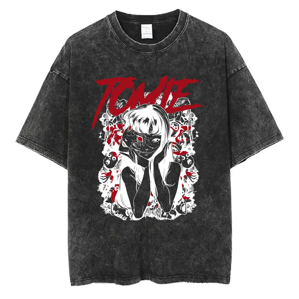 Anime Junji Ito Spirale Uzumaki Kirie Goshima Vintage Washed T-shirt Men Women Manga Gothic Horror T Shirts Unisex Streetwear