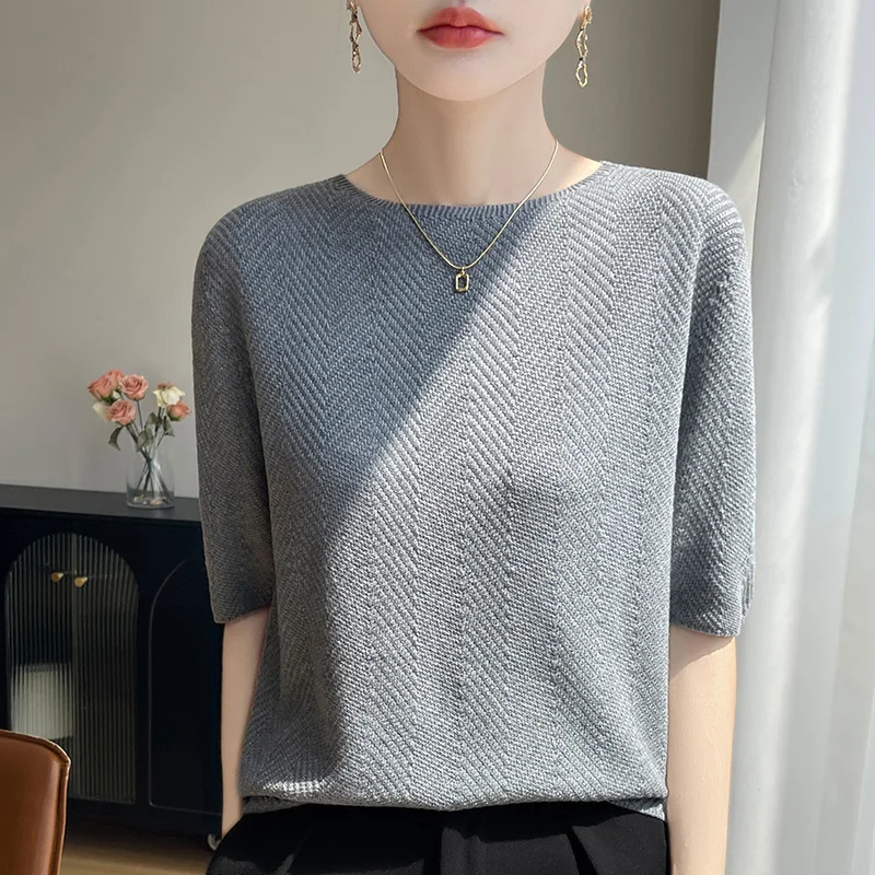 

2025 Summer New Women's Short Sleeve Casual Solid Color Knitted T-shirt Round Neck Loose Head Tees Cool/Versatile