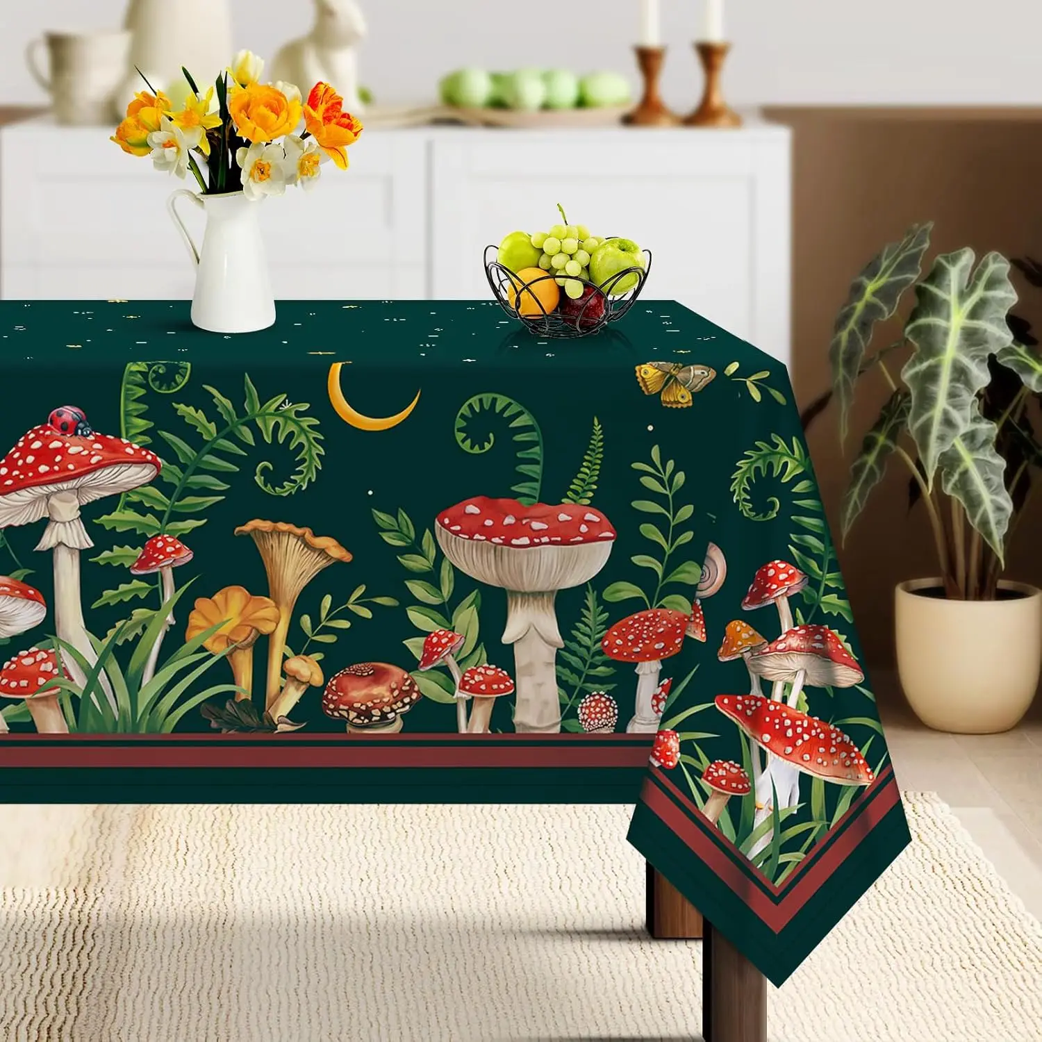 Boho Mushroom Tablecloth for Table Decorations Spring Colorful Plants Moon Star Print Rectangle Table Cloth Holiday Party Decor