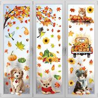 9Sheets Autumn Thanksgiving Cat Dog Gnomes Window Clings Decal Fall Pumpkin Maple Leaf Electrostatic Stickers Wall Decor