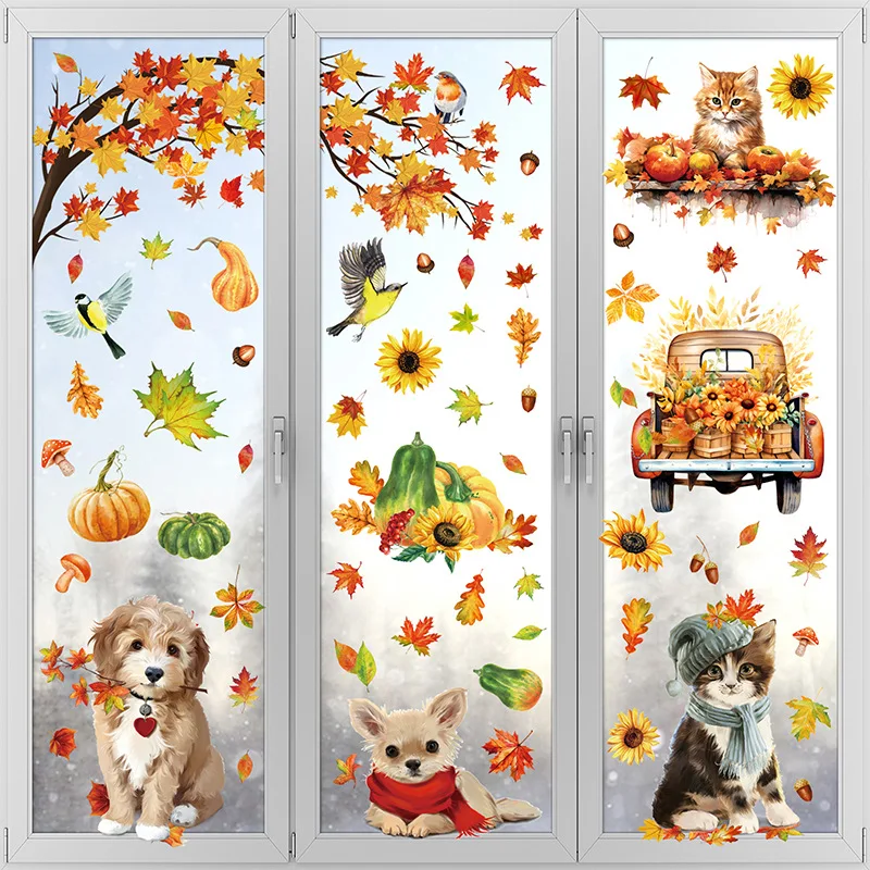 9Sheets Autumn Thanksgiving Cat Dog Gnomes Window Clings Decal Fall Pumpkin Maple Leaf Electrostatic Stickers Wall Decor