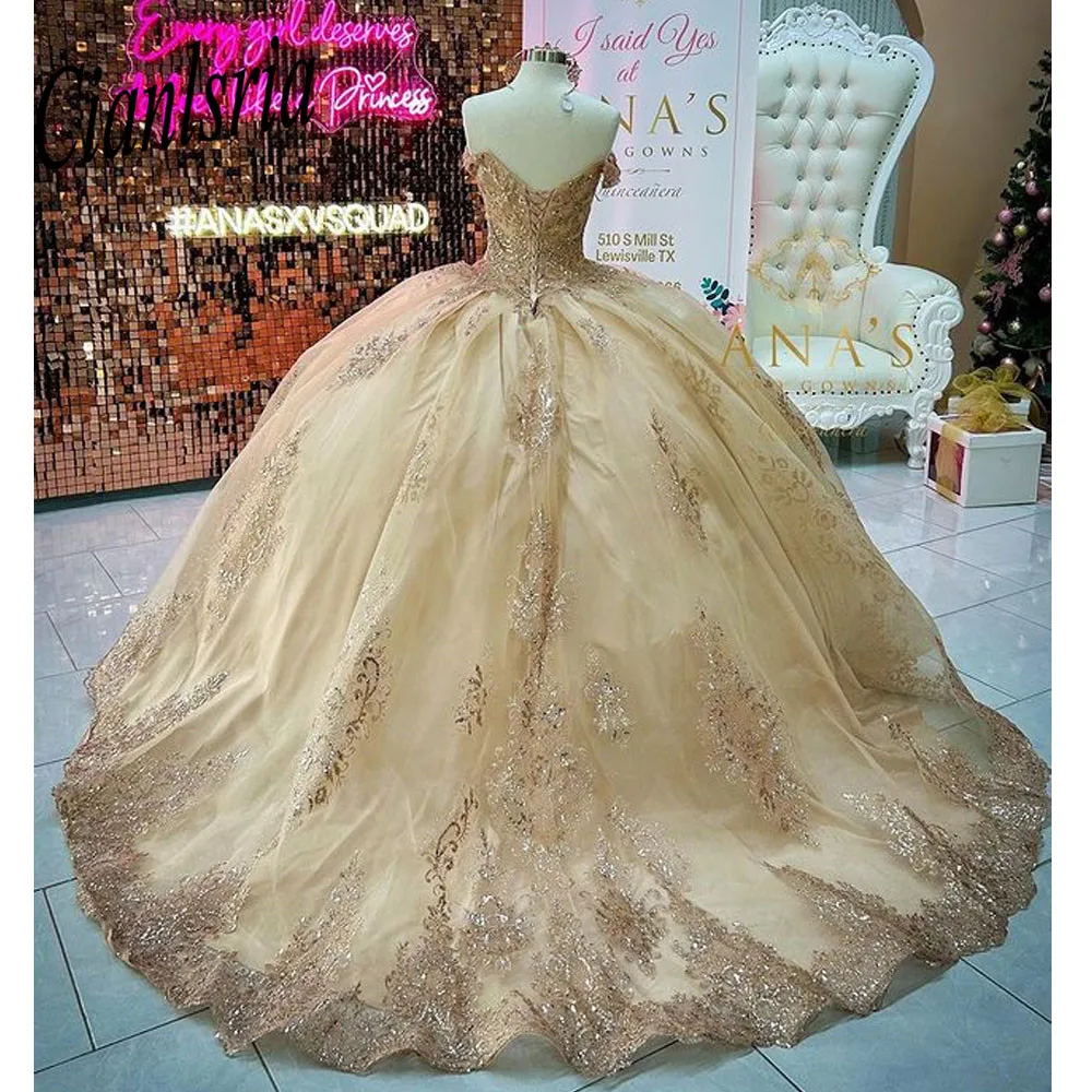 

Gold Quinceanera Dresses V Neck Lace vestido de 15 años 2023 Beaded Sweet 16 Dress Fuffles vestidos de xv años