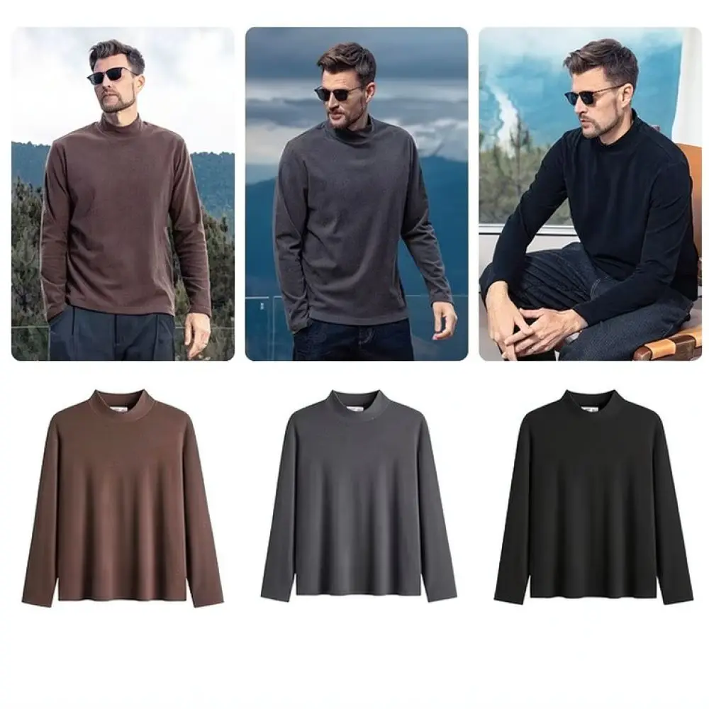 Mens Fashion Long Sleeve T Shirt Autumn Loose Pullover Solid Color Basic Crewneck Tee Casual Soft Daily Wear Style Top