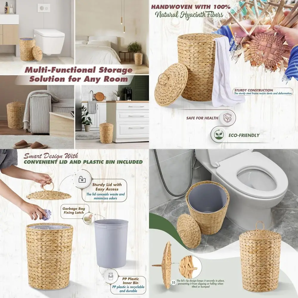 

4.5 Gallons Wicker Trash Can with Lid and Removable Liner, Wicker Rattan Bathroom Trash Can, Large Woven Bin for Office, Hyacint