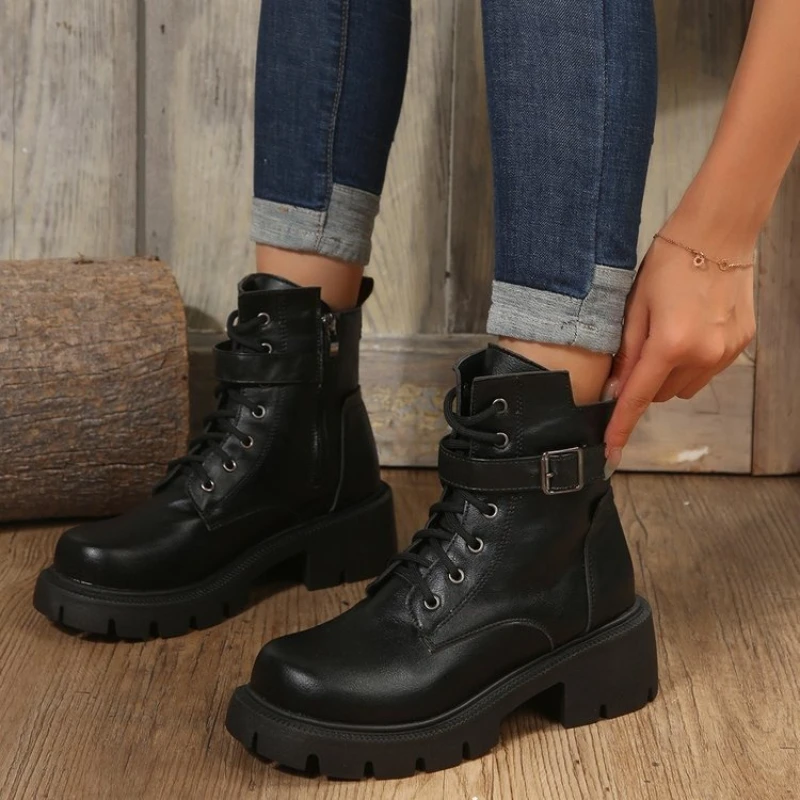 

Women's Shoes Fashion Platform Women Boots High Quality Women Sheos Retro Round Toe Punk Style Ankle Boots Motorcycle Boots New