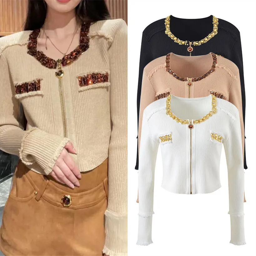 

Высококачественный европейский вязаный свитер, топ, женский базовый слой, винтажный дизайн из бисера, осенне-зимний трикотаж