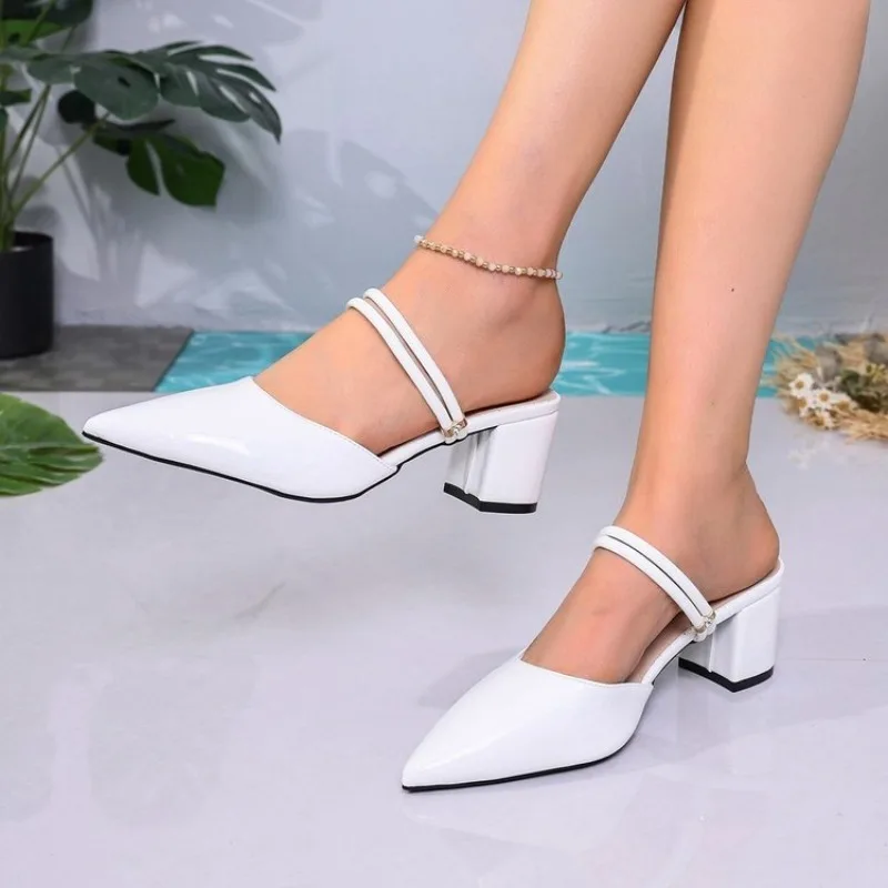 Women's Mules Pointed Toe Block Heel Mid Heel Patent-Look Finish Slip-On Dressy Pumps Double Instep Straps Daily Clogs Footwear