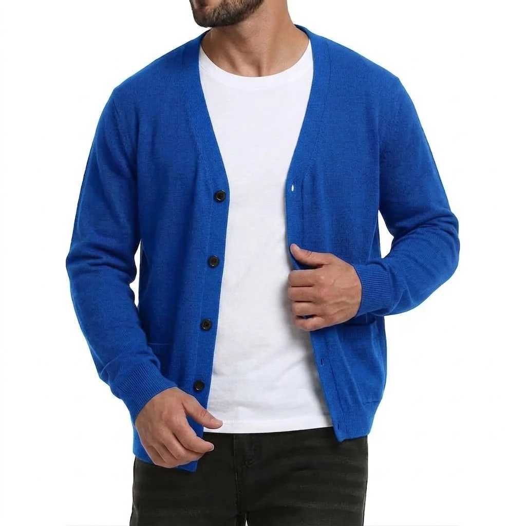 Neuer Herren-Cardigan mit langen Ärmeln, Knopfleiste, V-Ausschnitt, Strickware, lässiger Pullover, einfarbig, leichte Oberbekleidung mit Taschen. – Detail 3